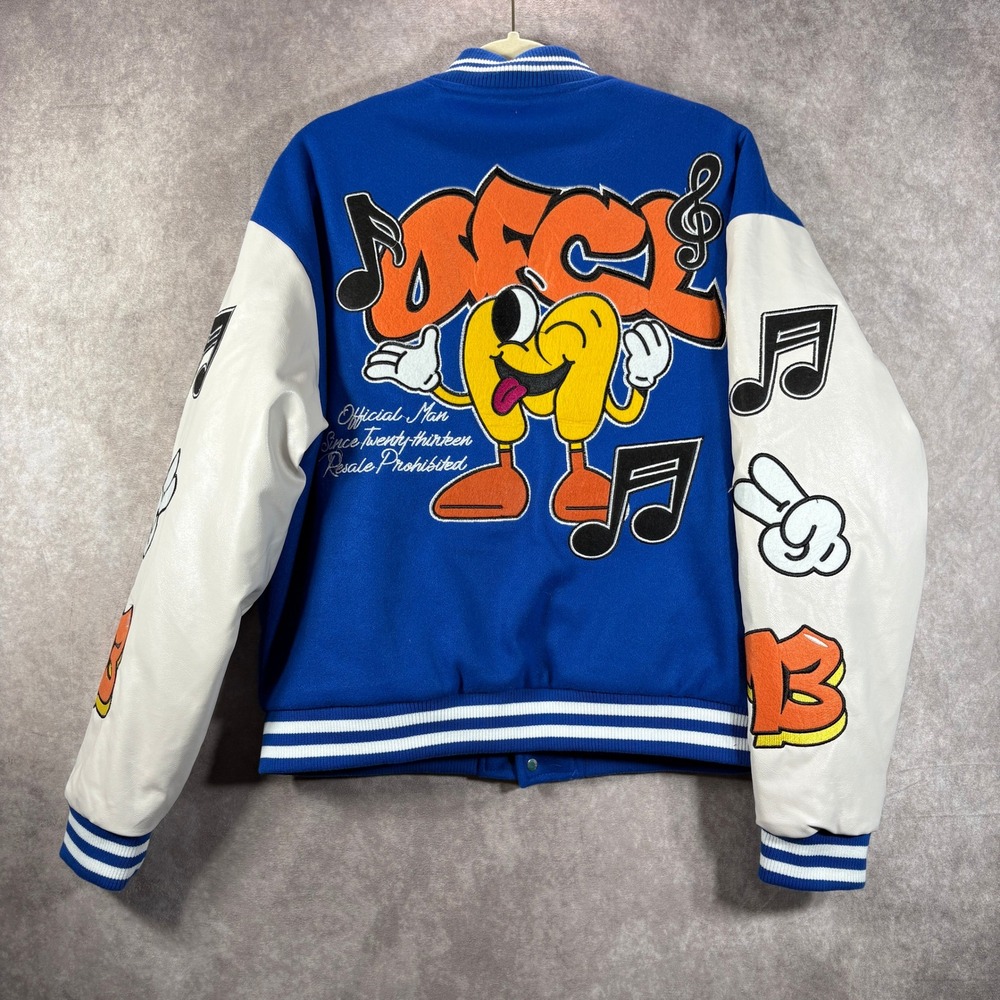 BoohooMAN Varsity Jacket Mens M Blue Music Graphic Embroidered Letterman Bomber‎